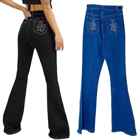 💙 SHEIN Embroidery Detail Flare Flower pocket bell bottom Jeans Size S - Picture 1 of 5